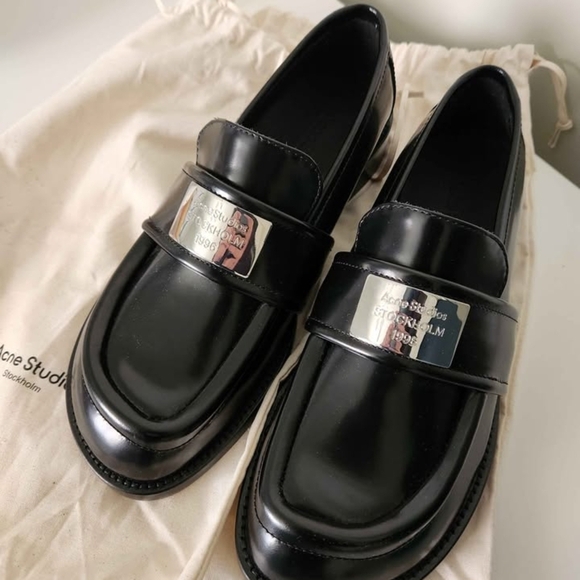 Acne Studios Shoes - Acne Studios Black Leather Loafers with Silver Plaque - Brand New